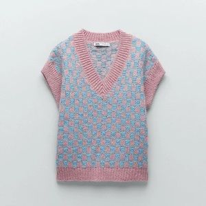 ZARA Pastel Checkerboard Oversized Wool Blend Sweater Vest